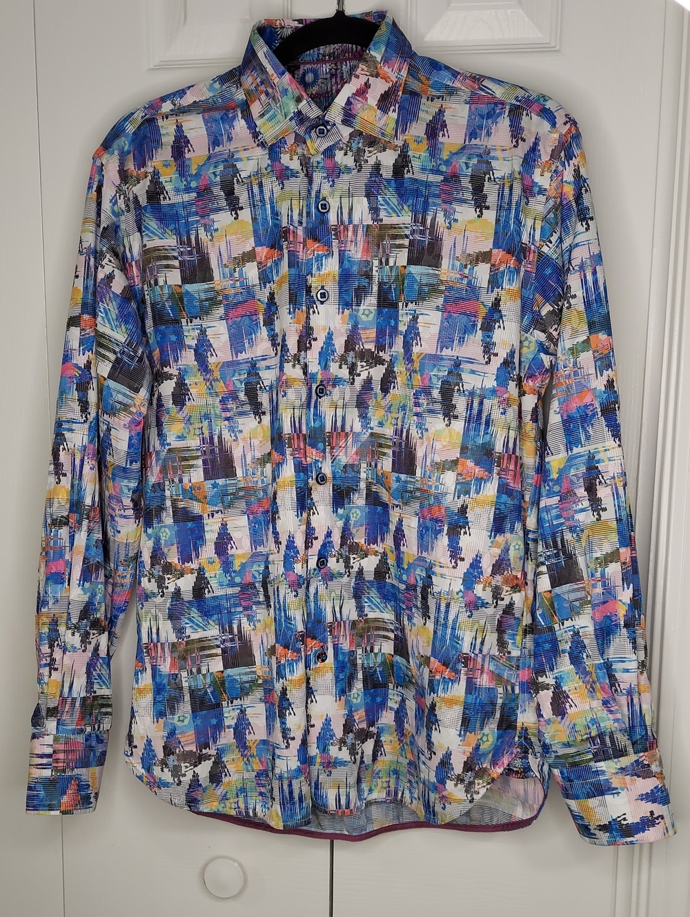Visconti Black Shirt, Size M, Cotton, Buttondown, Colorful Abstract Print